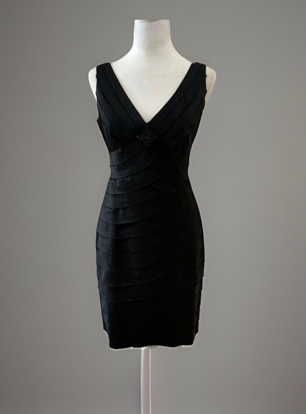 Jones New York Black Satin Dress Cocktail Evening Sheath Pleated Sz 10P Classic